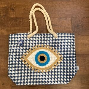 Evil Eye Blue and White Houndstooth Tote Bag NEW w/ Tags